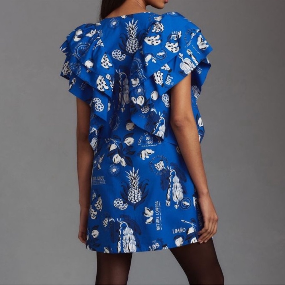 FARM Rio Blue Ruffle Sleeve Dress with White Tropical Print - Picture 4 of 7